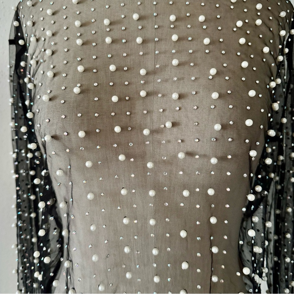 WHITE BIRCH Pearl Beaded Long Sleeve Mesh Top Sheer Black Women's Size Large L - Picture 3 of 7